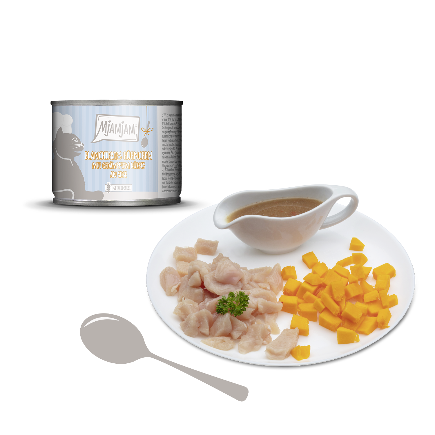 MjAMjAM – blanchiertes Hühnchen mit gedämpftem Kürbis an Soße