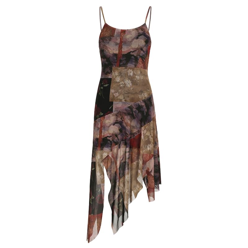 Honey River - Asymmetrische mesh midi-A-lijnjurk met spaghettibandjesprint