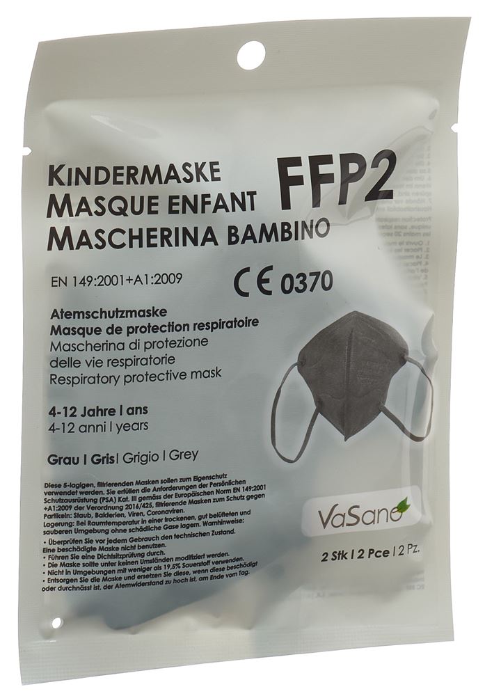 VASANO Maske FFP2<br>2 Stück, Kinder 4-12 Jahre grau deutsch/französisch/italienisch