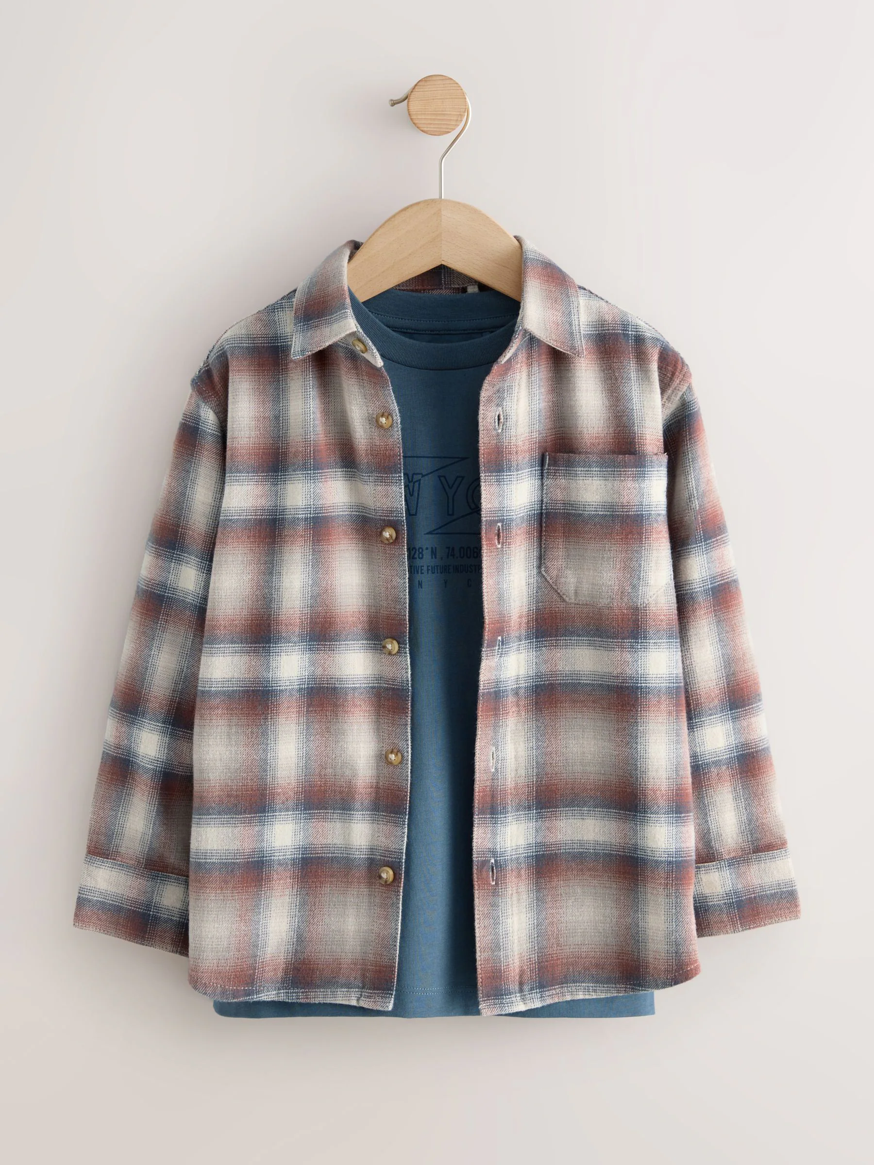Roestbruin - Set van geruit overhemd met lange mouwen en T-shirt 2 stuks (3-16jaar)
