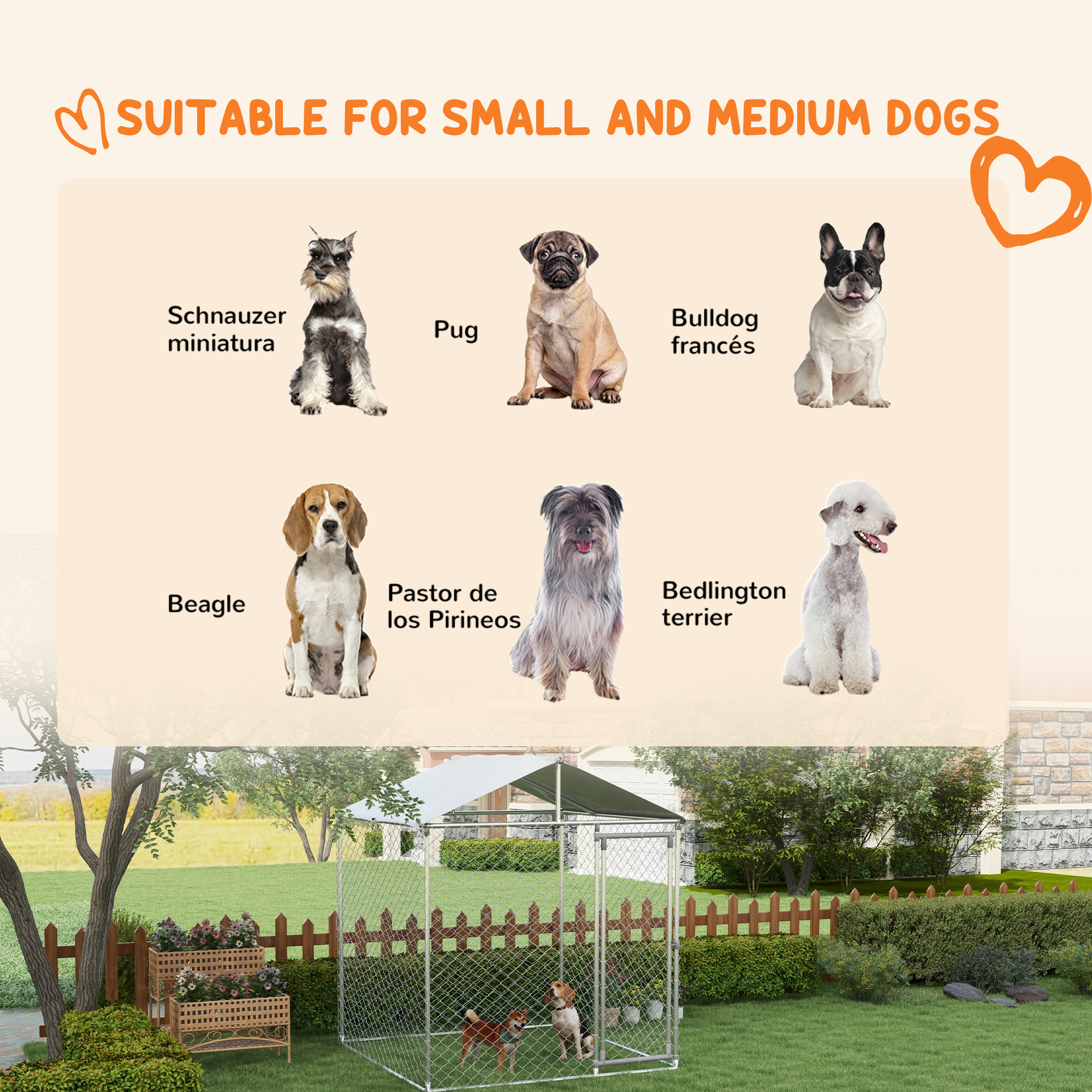 Gaiola externa PawHut para cães de porte médio, cercado para cães com trava, estrutura de aço, cobertura impermeável e resistente aos raios UV, 200x200x150 cm, prata