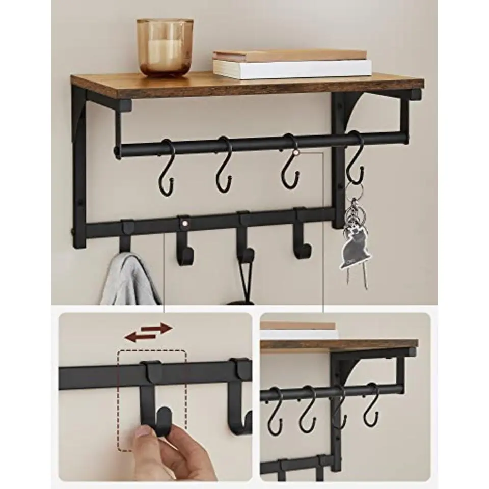 Wandkapstokplank met 8 haken, ophangstang, Vintage Bruin-Zwart