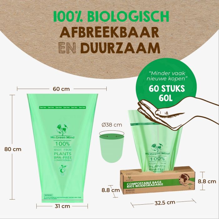60st Afvalzak bio Mr. Green Mind 60x80cm 60 liter dispenser 60 stuks (8713631204120)