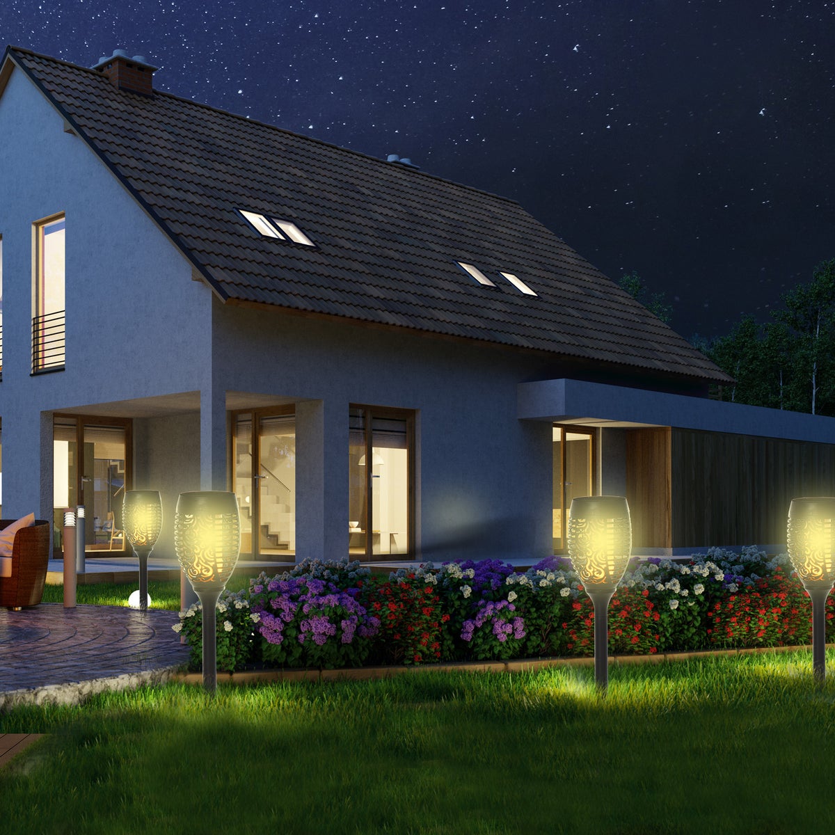 Outsunny Solar Lights, Tuinverlichting, Set van 4 Lampen, 6-8 uur, IP44 Waterdicht, Ø12 x H72 cm, Kunststof, Zwart