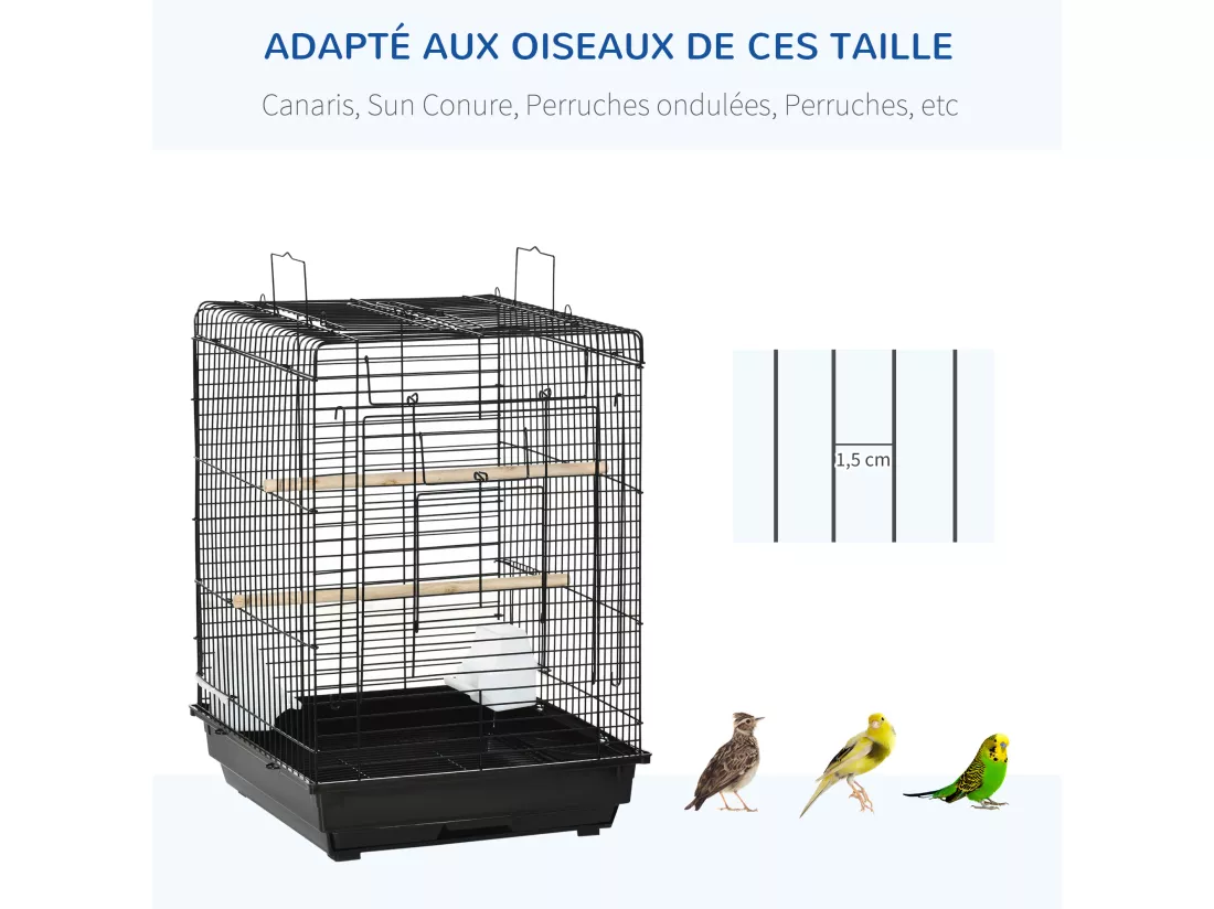 Cage à oiseaux 2 mangeoires 2 perchoirs toit ouvrant plateau excrément amovible poignée transport métal PS noir