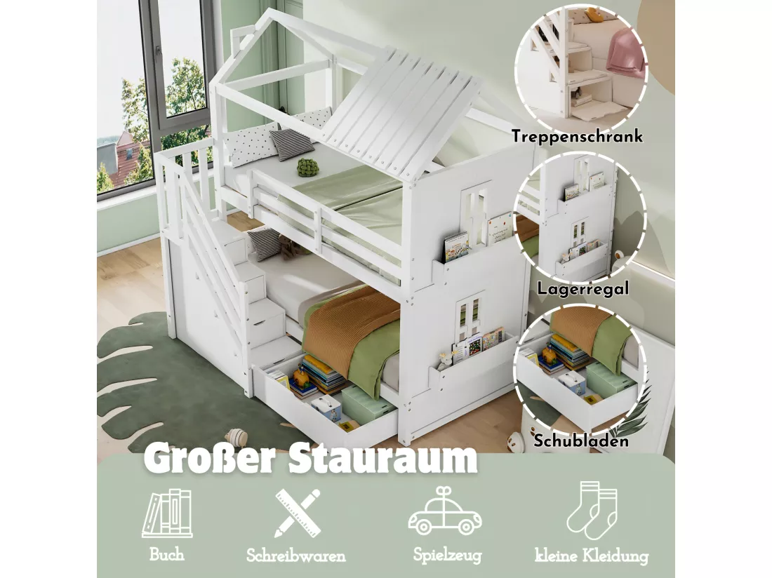 Lits superposés cabane, 2x90x200cm, avec espace de rangement escaliers et tiroirs et étagères