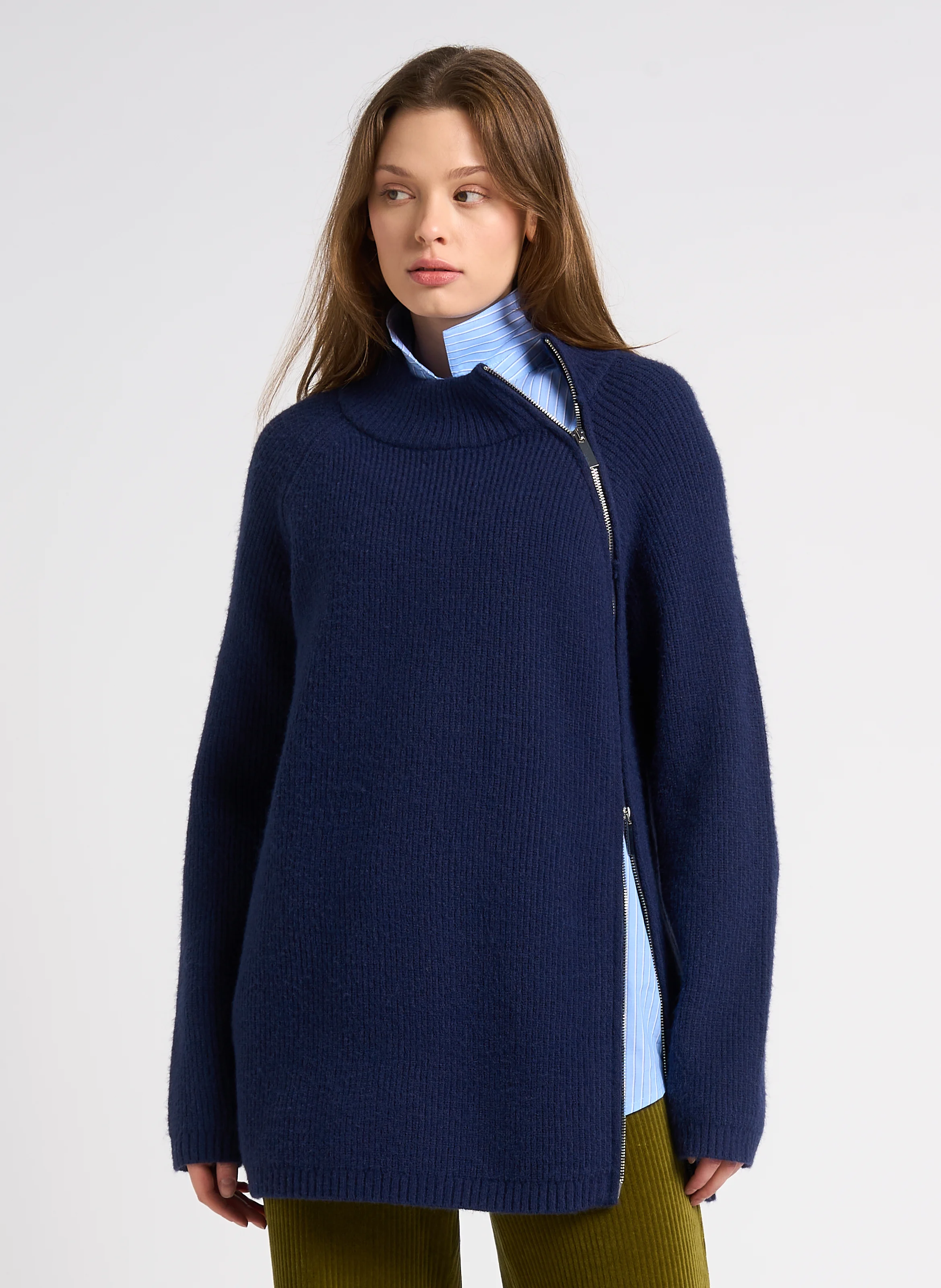 Pull zippé col montant côtelé| Bleu