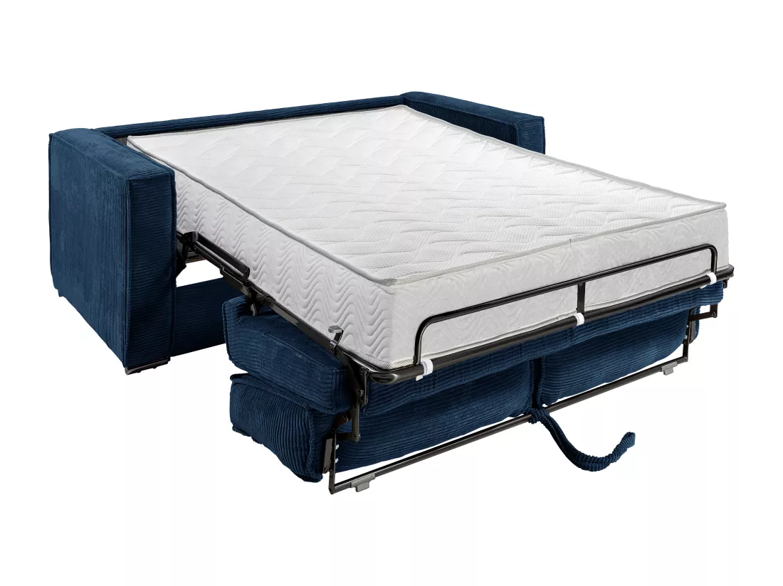 Canapé 3 places convertible express en velours côtelé bleu nuit - Couchage à lattes larges 140 cm - Matelas 22 cm LORETO