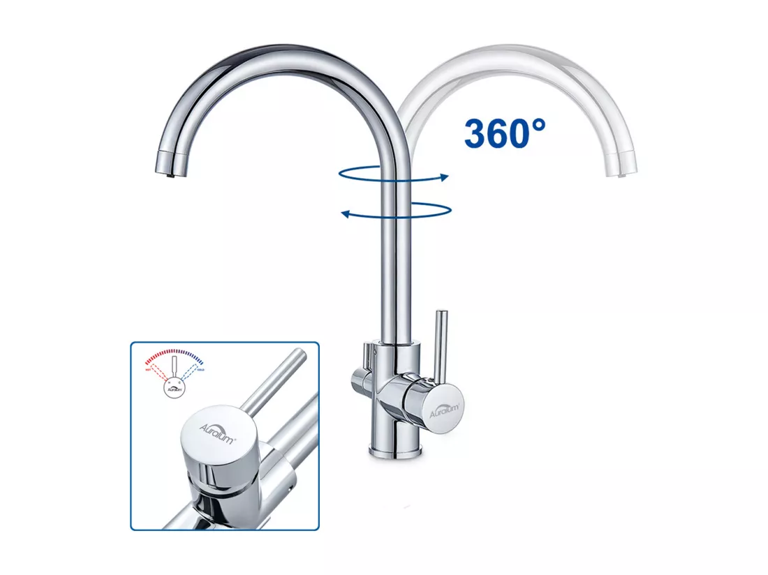 Auralum max Mitigeur de Cuisine 3 Voies,Robinet Cuisine Pivotant à 360°,Robinetterie Cuisine Eau Potable,avec Sortie Eau Filtrée,Acier Inoxydable