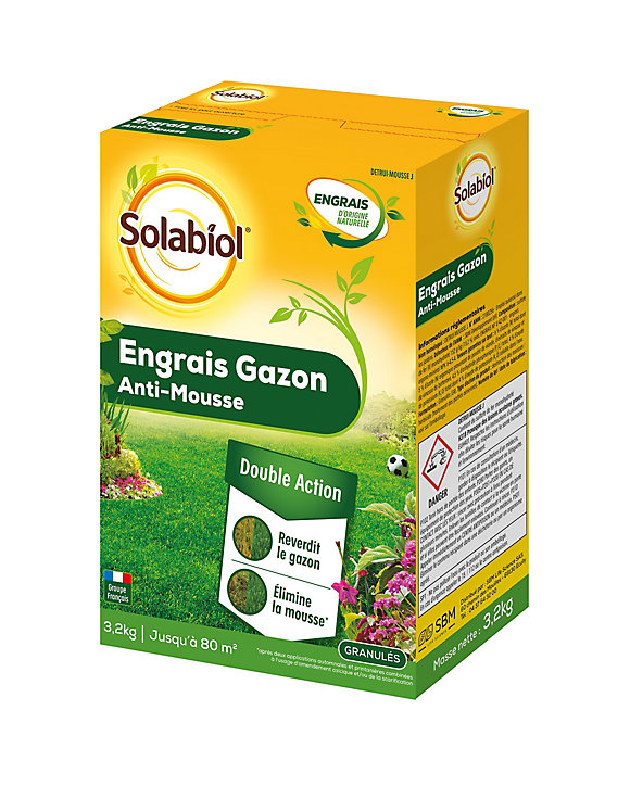 Engrais gazon antimousse Solabiol 80m²