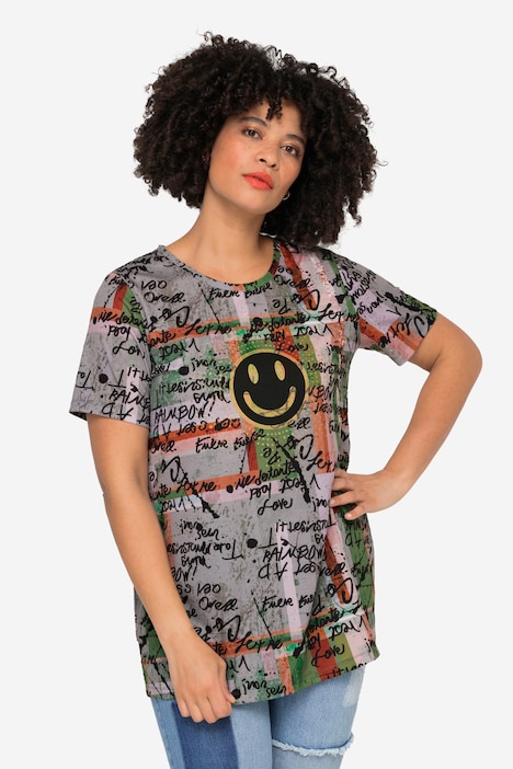 T-Shirt, oversized, Scribble-Muster, Smiley, Rundhals, Halbarm
