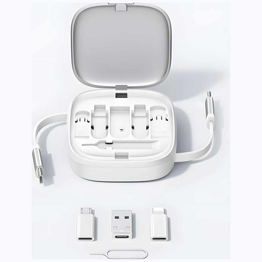 (1m) 60W 3in1 Mini Ausziehbares USB C auf USB C / Lightning / Micro USB Ladekabel Datenkabel mit Aufbewahrungsfach (USA001336) - Silber