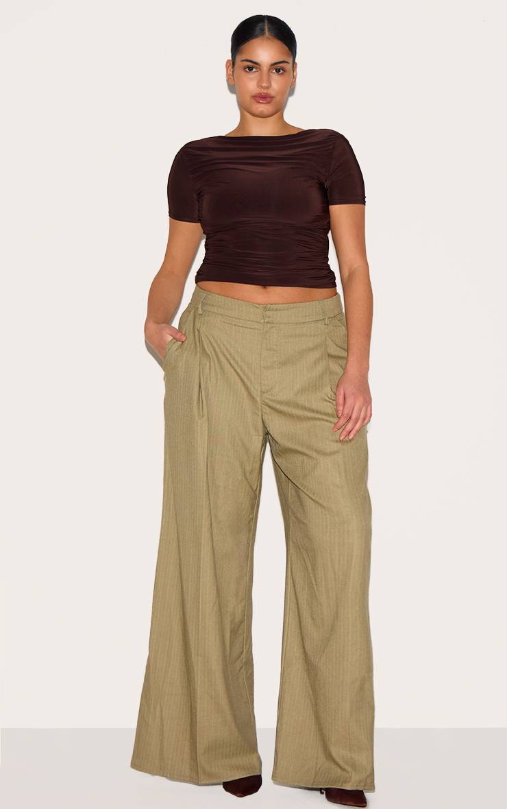 Vert Olive Pantalon Droit Tailleur À Rayures Tennis Tissé Premium Plus