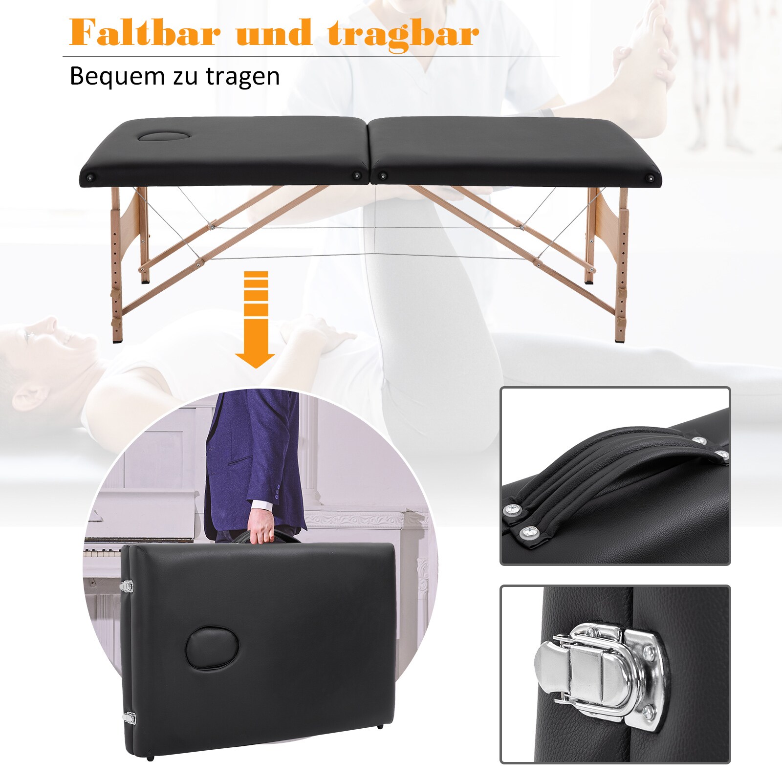 HOMCOM Mobiler Massagetisch schwarz 186 x 60 x 58-81 cm