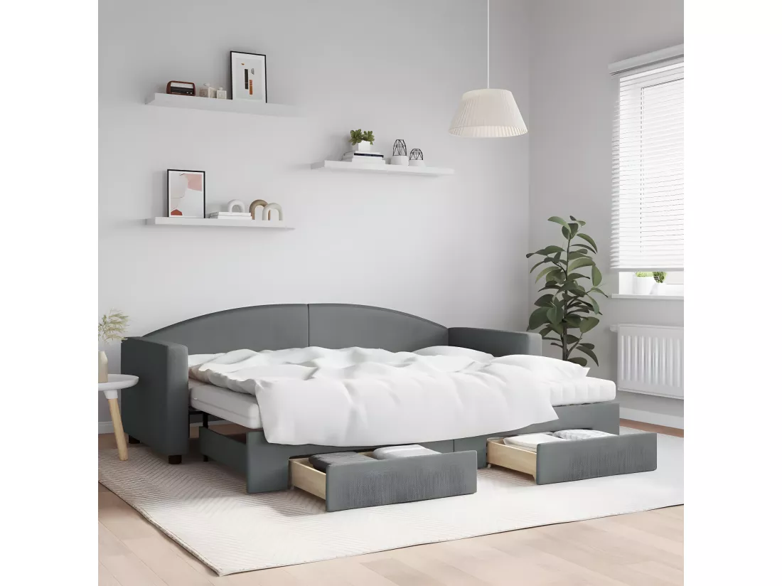 Lit de jour avec gigogne et tiroirs gris foncé 80x200 cm tissu