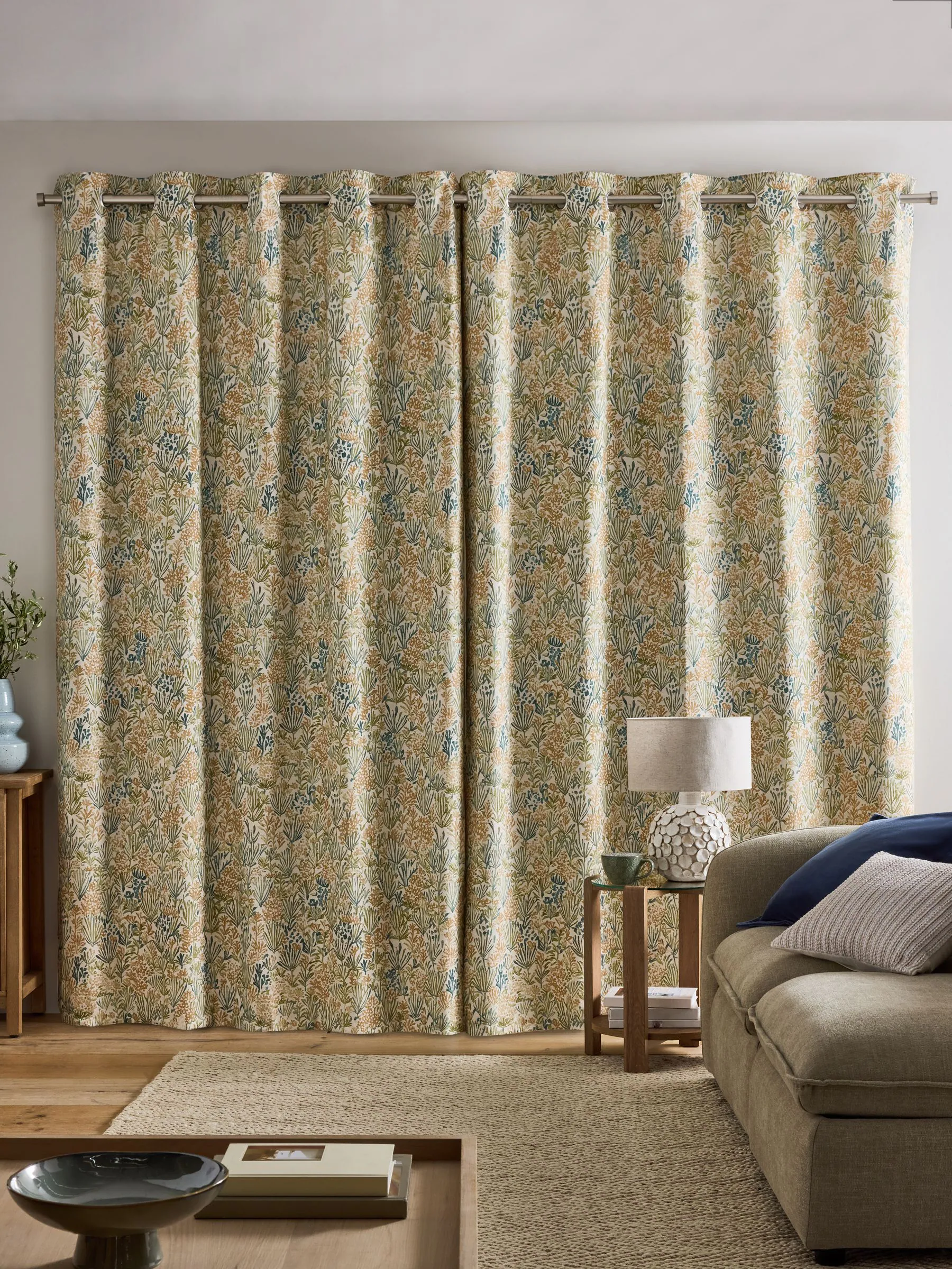 Autumn Leaf Print Eyelet Lined Curtains