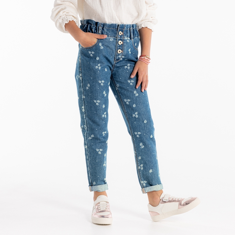 Jean mom paper bag bleu fille