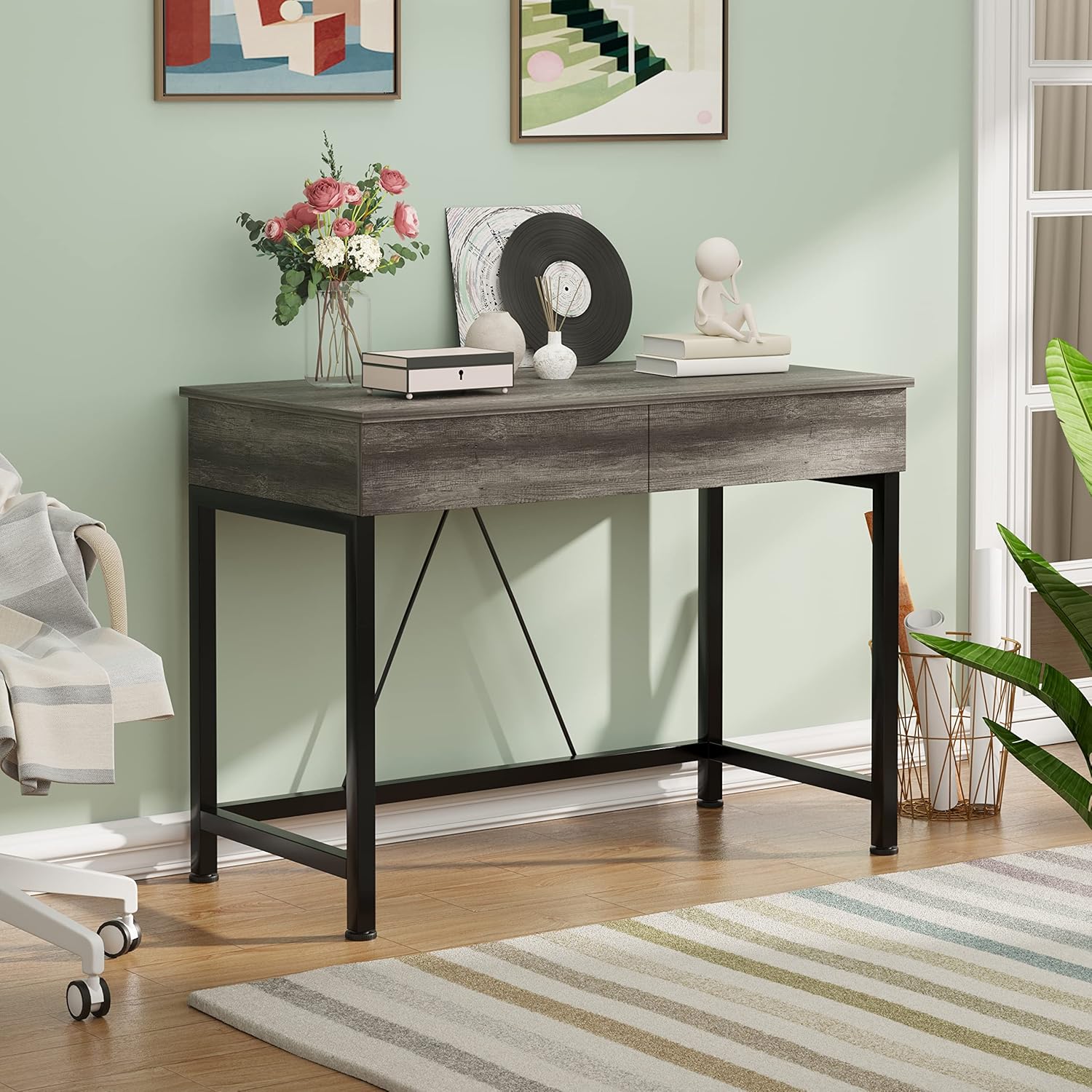 Schreibtisch mit 2 hölzernen Schubladen, Home Office Computertisch mit Lagerung, einfache moderne Kinder Schreibtisch, Arbeit Studie PC Tisch Officetisch für kleine Räume(Eiche Grau, 100x50x73cm)