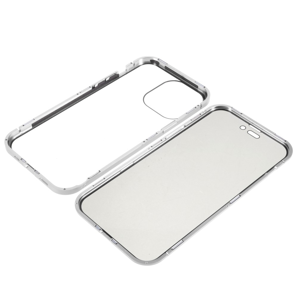 iPhone 14 Pro Max Magnetische Alu Schutzhülle mit Panzer Glas Backcover   Privacy Glas Displayschutz (Magnet-Technologie) - Silber