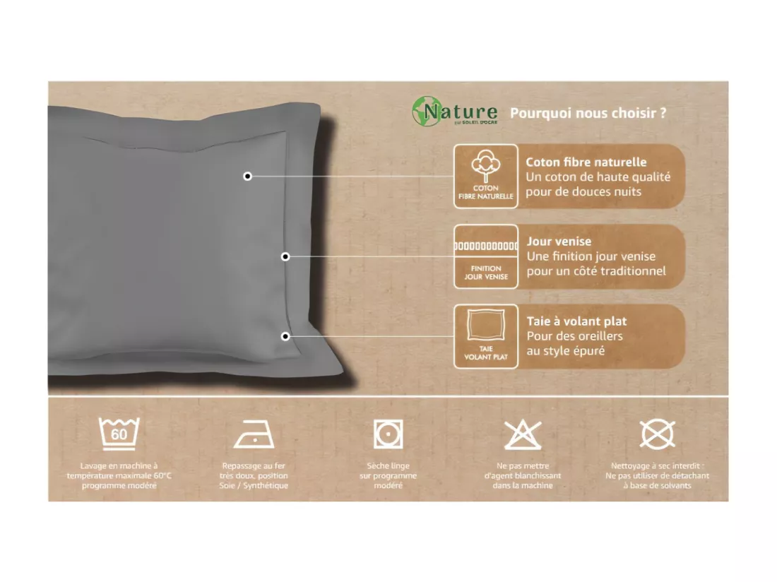 Taie d'oreiller en coton 63x63 cm PERCALE ecru, par Soleil d'ocre