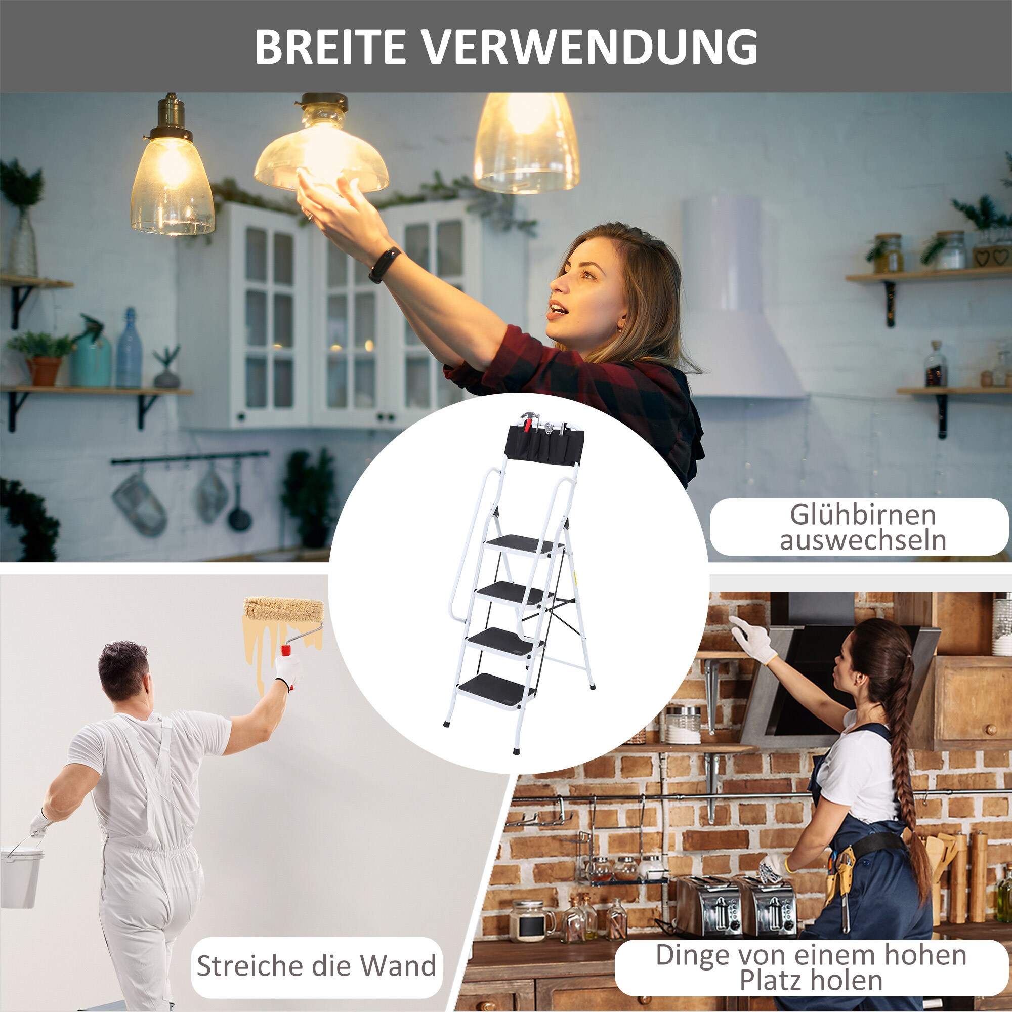 HOMCOM Trittleiter mit Werkzeughalterung schwarz, weiß 50L x 83B x 155H cm
