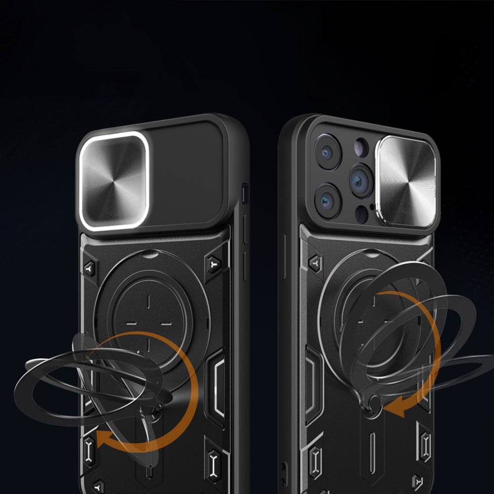 iPhone 15 Pro Max Hybrid Outdoor Hardcase Hülle mit Cam-Slider   Magnetischer Kickstand - Schwarz