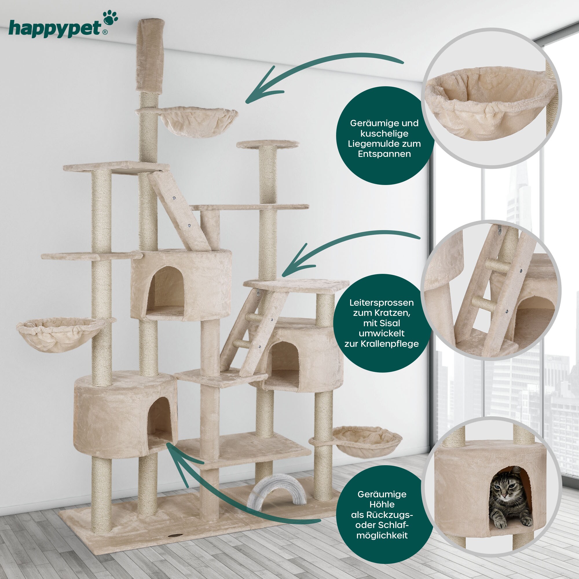 HAPPYPET Kratzbaum deckenhoch bis 260 cm Kletterbaum SIMBA - Extra breit, Häuser, Treppen, Liegemulden, großer XXL Katzenbaum Stabil für Katzen, 9 cm Säulen | Beige