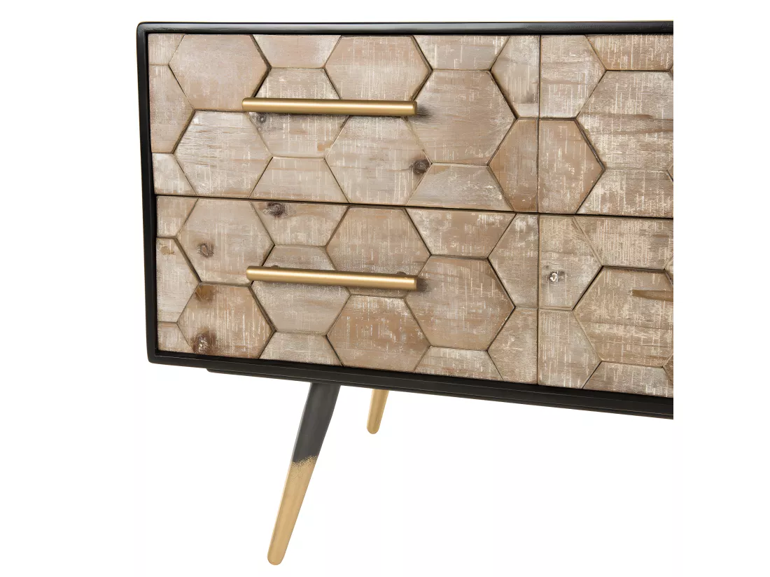 DALIE - Meuble TV noir 6 tiroirs scandi bois Sapin marqueté pieds métal doré