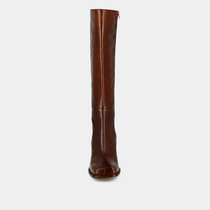 Bottes à talons hauts et bouts carrés  en cuir vieilli marron
