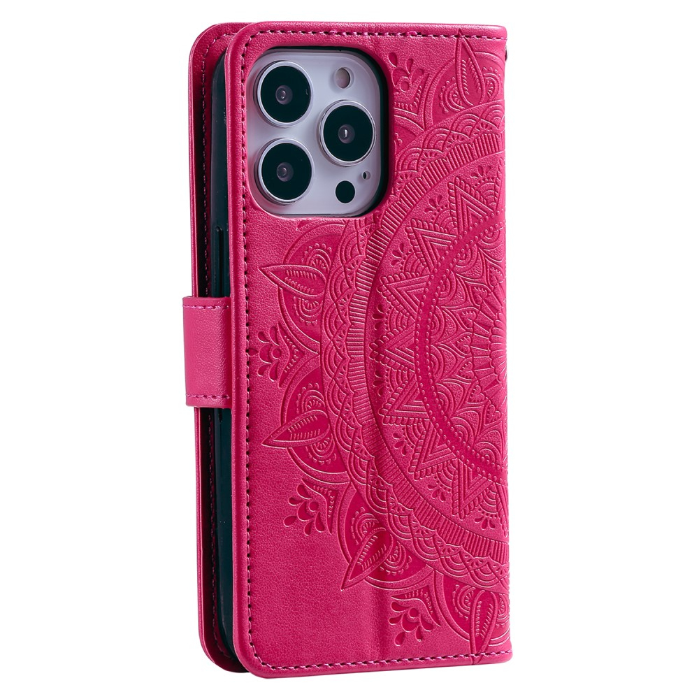 iPhone 15 Pro Max Leder Tasche Wallet - Mandala Flowers Imprint - Rot / Pink