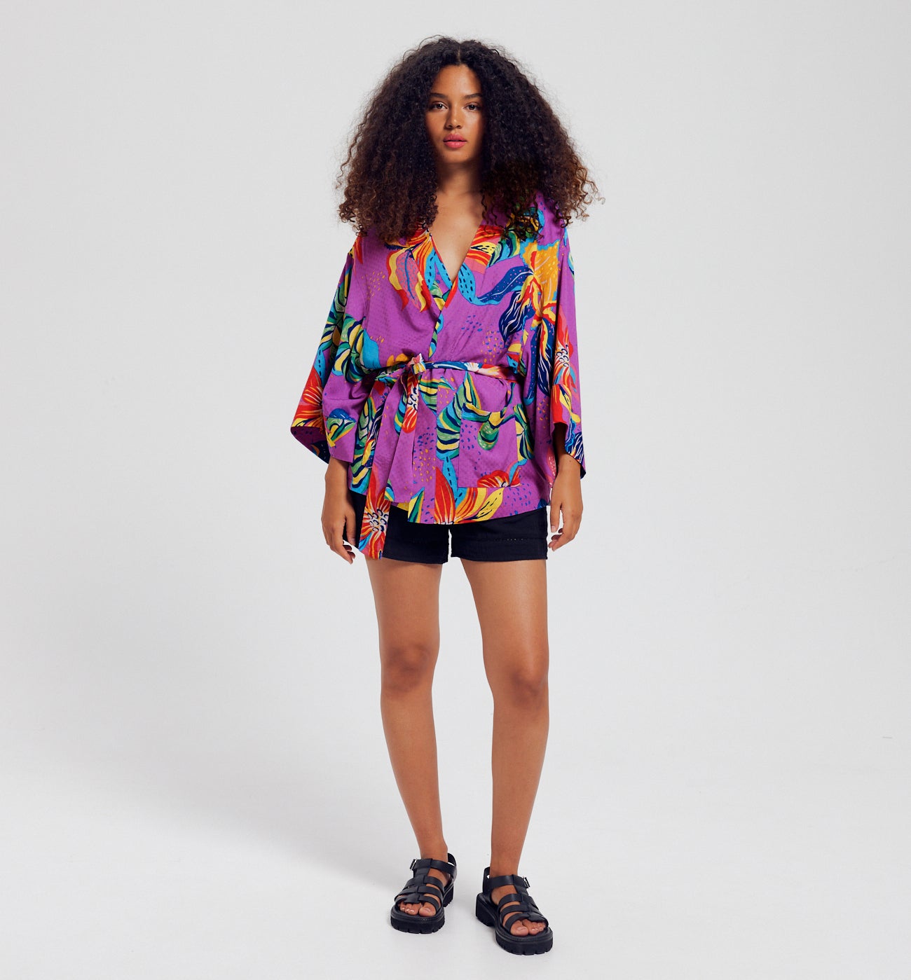 Veste kimono en satin Femme - Imprimé violet