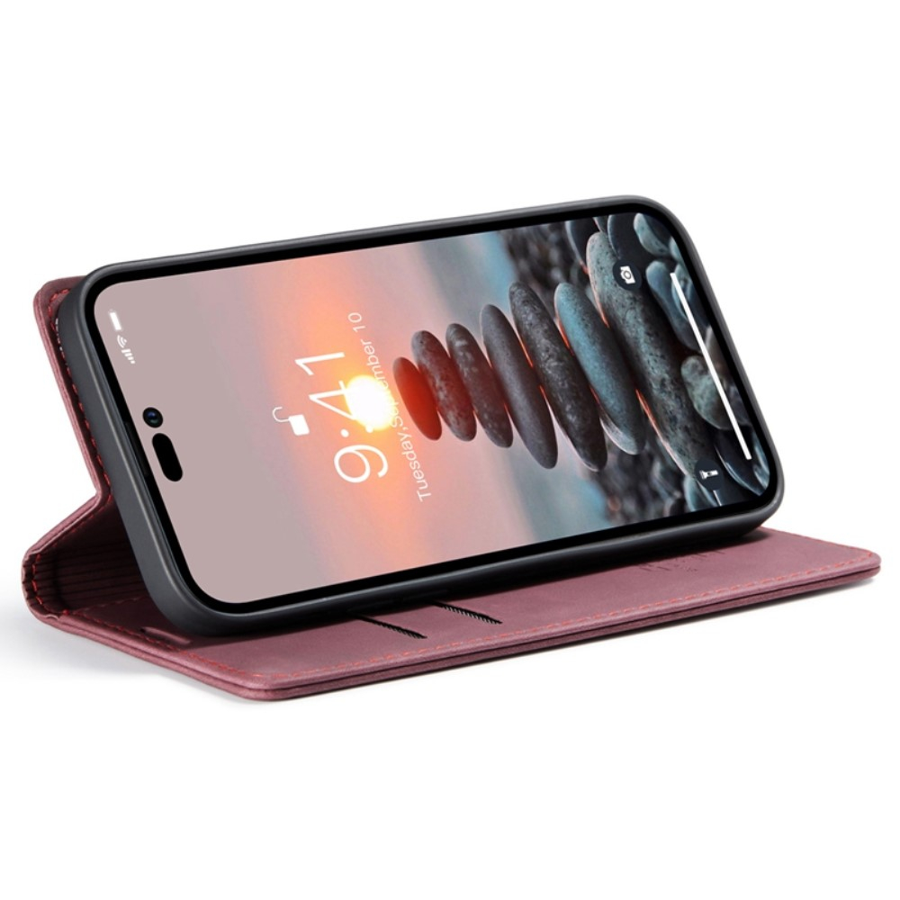 iPhone 14 Pro Leder Tasche Flip Wallet Etui mit Kartenfächern - Dunkelrot