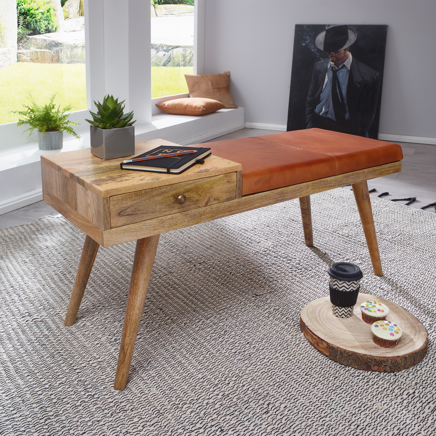 Sitzbank - braun-natur - Echtleder - 100 cm breit