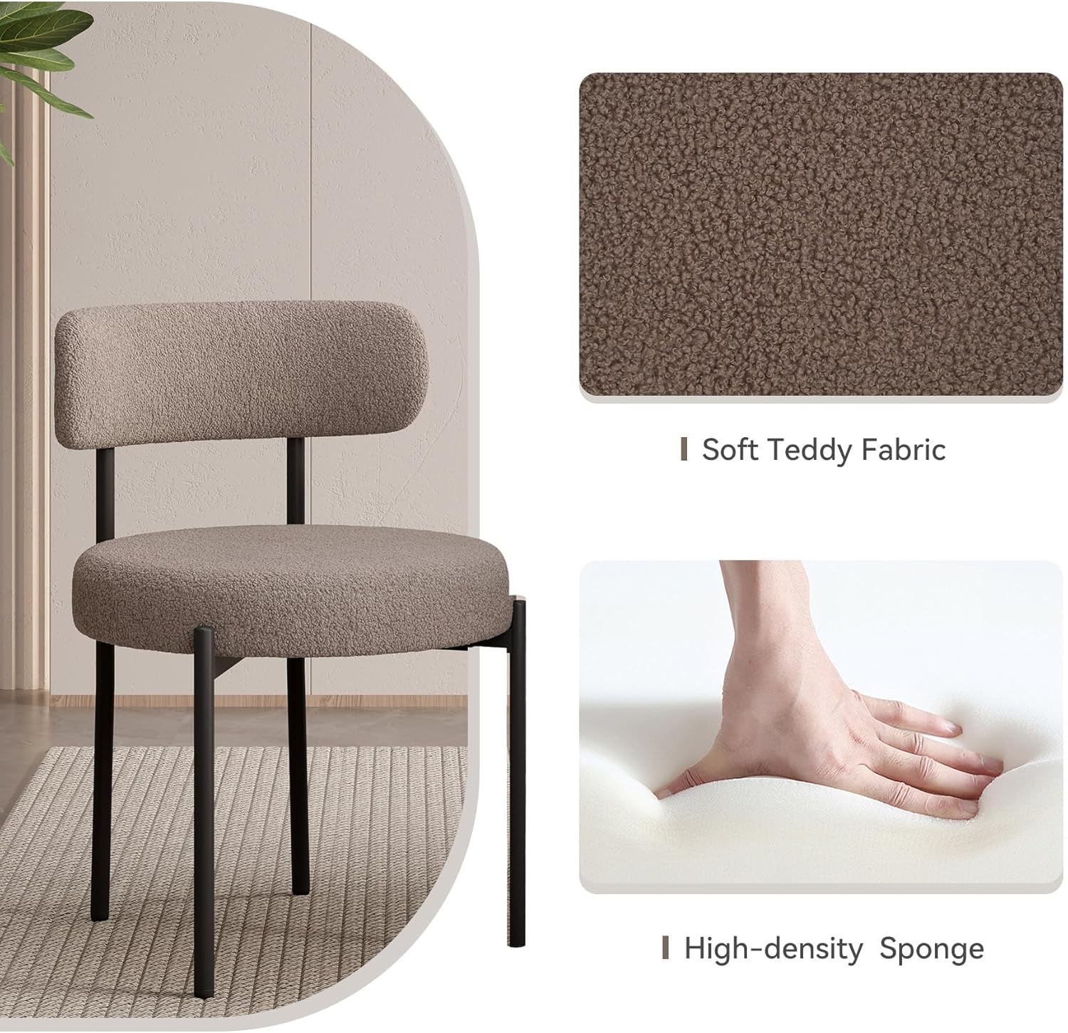 Esszimmerstühle 4er Set丨Teddy Stoff Runde Boucle Stühle·Mid-Century gepolsterte Küchenstühle·Dining Chairs mit Metallbeinen·Grau