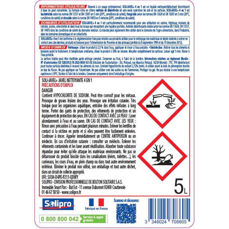Javel nettoyante 4 en 1 Soli-Javel +  - Bidon de 5 L