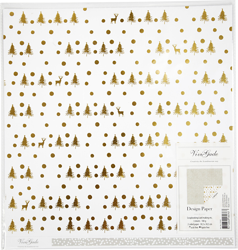 Designpapir - Hjorte Og Prikker - 30,5X30,5 CM - 180 G - Guld - 3 Ark