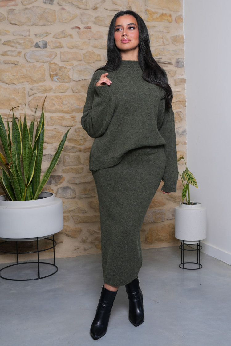 Ensemble 2 pièces pull + jupe kaki texturée