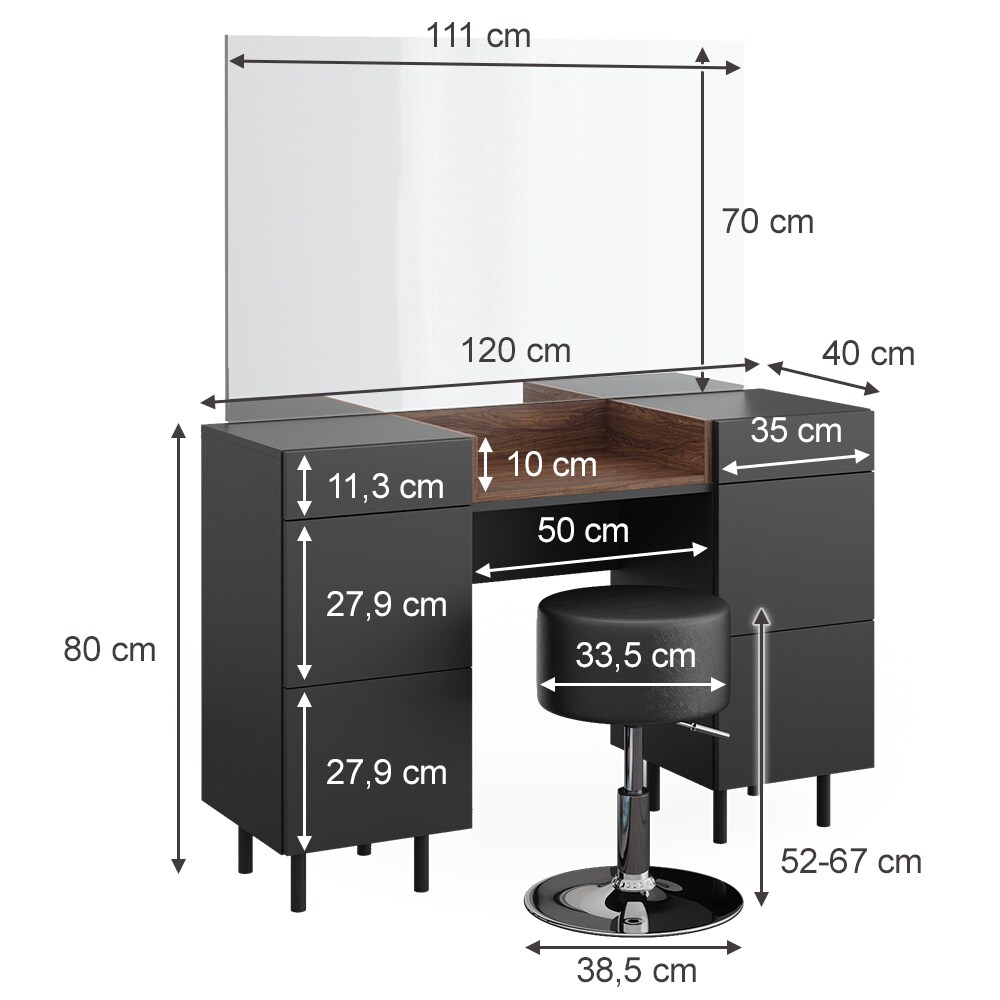Vicco Schminktisch Anika mit Spiegel, Hocker, 120 x 80 cm, Anthrazit Walnussbraun, Schlafzimmer