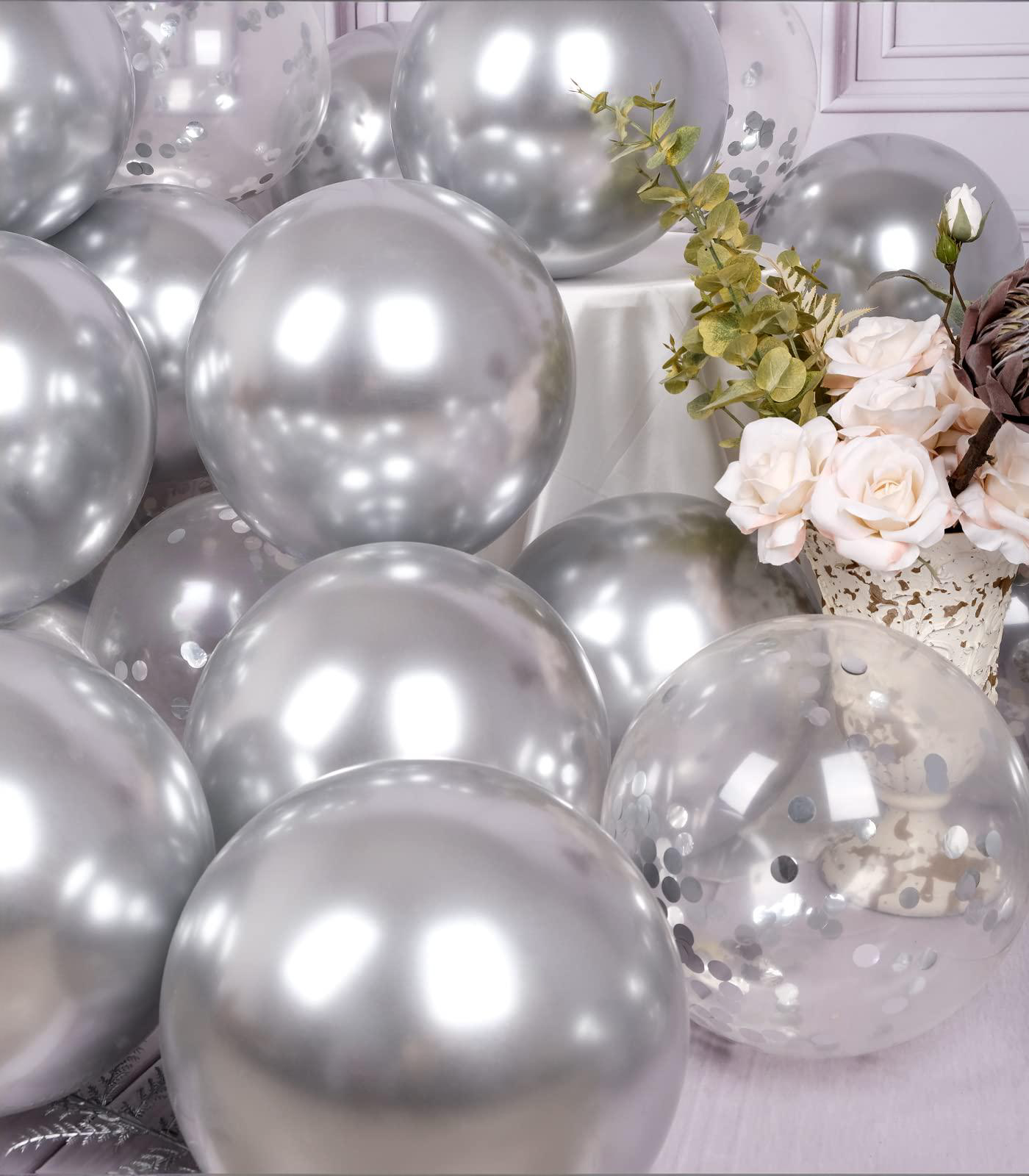 (10er Set) Ø30cm Party Deko Ballons Latex Luftballons mit Konfetti - Silber