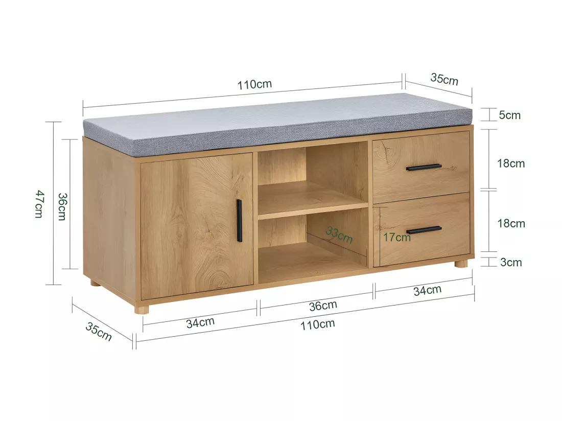 Banc de Rangement à Chaussure avec coussin rembourré 2 compartiments 1 porte et 2 tiroirs, FSR148-N