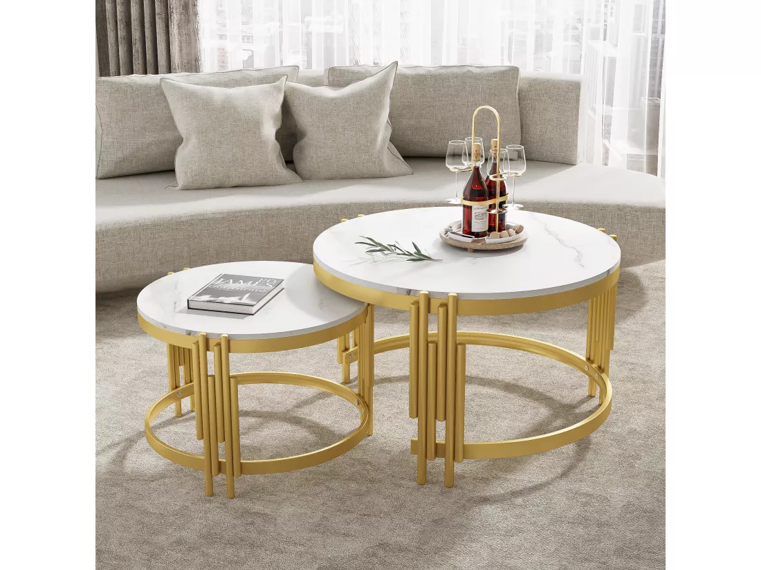Lot de 2 table basse gigogne, table ronde, aspect marbre, structure en métal doré, D71,5x44+P51,5x37cm Blanc