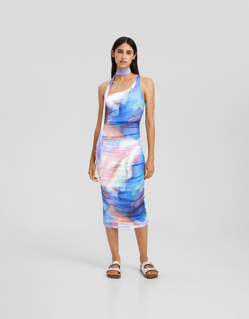 Vestido midi assimétrico estampado