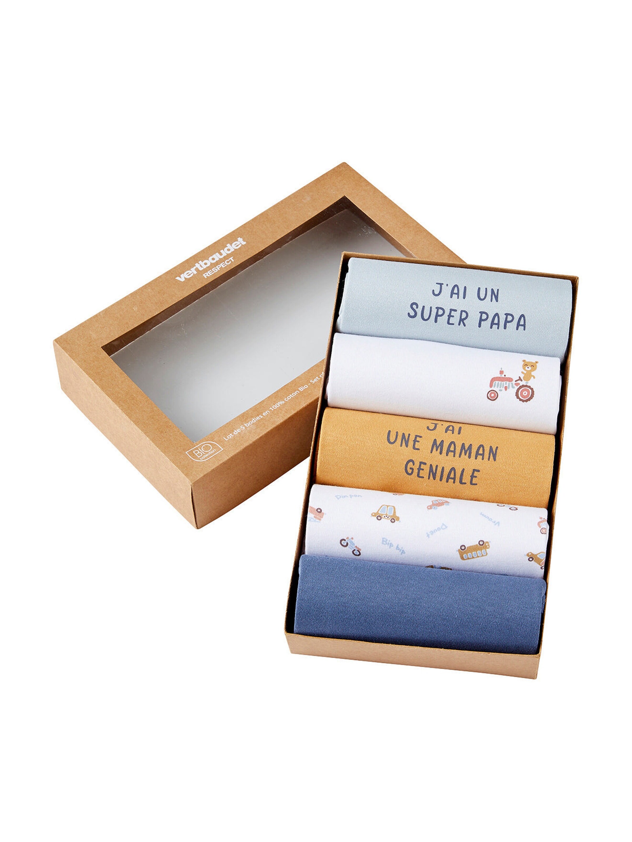 Vertbaudet Bio-Kollektion: 5er-Pack Baby Kurzarm-Bodys in Geschenkbox blau