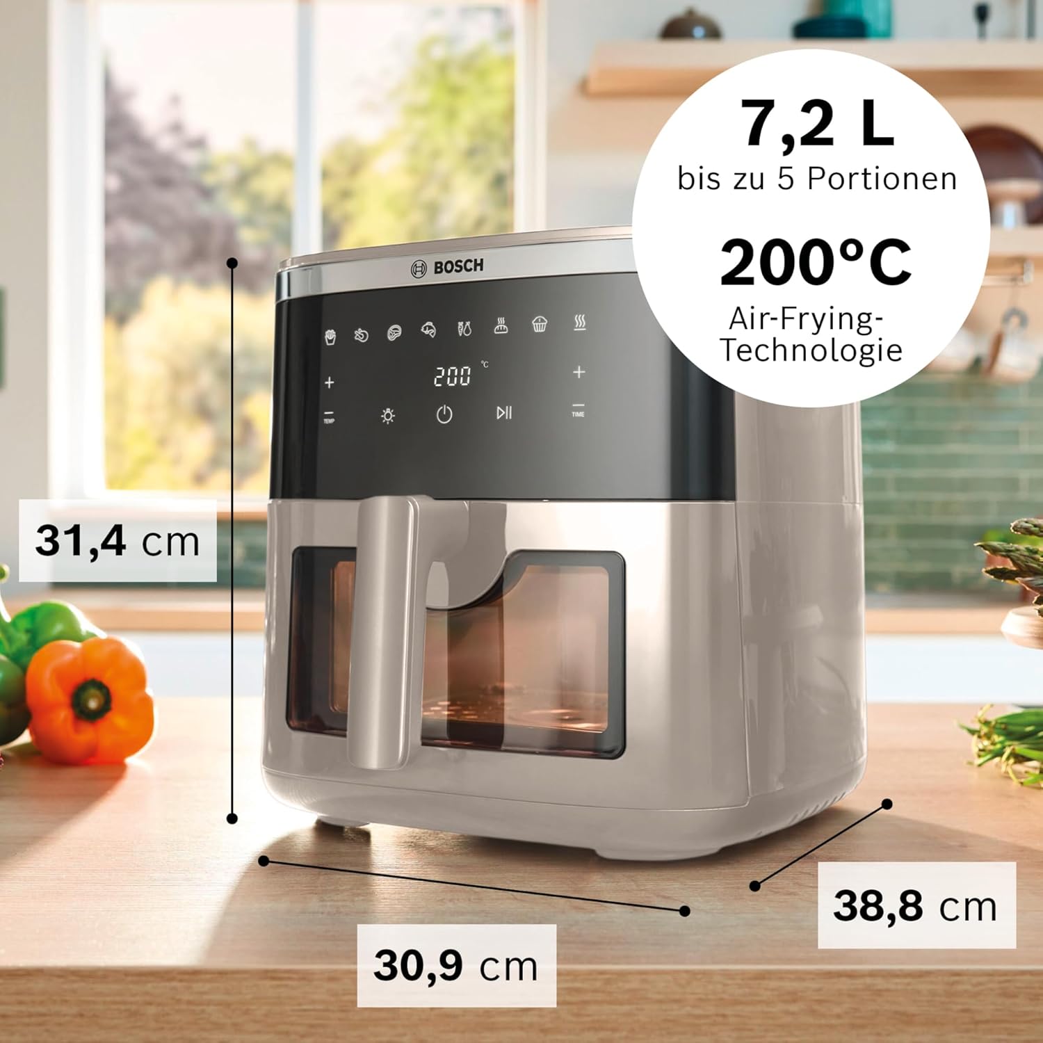 Bosch Heißluftfritteuse Serie 6, XXL Air Fryer, creme, 7,2 L Fassungsvermögen, beleuchtetes Sichtfenster, 7 voreingestellte Programme, bis zu 65% schnelleres Kochen, MAF671C0
