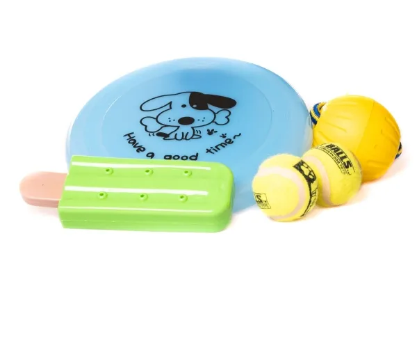 Hundelegetøj mix, 4 stk (frisbee, bold i snor, tennisbold, ispind)