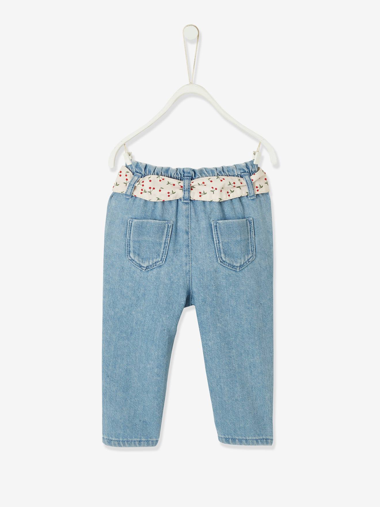 Calça jeans com cinto de tecido, para bebê, lavagem azul média