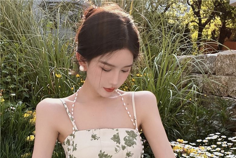 Nebbia - Midi-jurk met spaghettibandjes en imitatieparelprint en bloemenprint