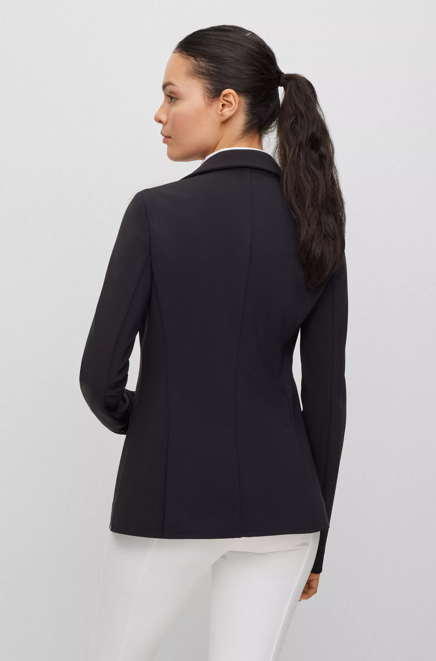 Jaqueta de competição BOSS Black-Equestrian slim-fit em tecido power stretch.