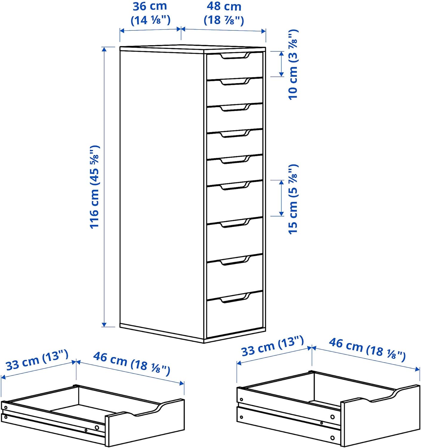 IKEA Alex Schubladenschrank mit 9 Schubladen, 36 x 116 cm, weiß