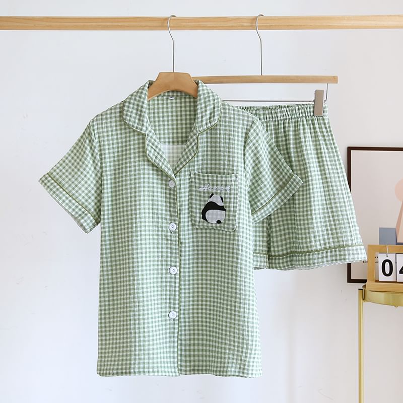 MelMount - Bijpassende pyjamaset voor koppels: geruite top met korte mouwen + shorts (verschillende ontwerpen)
